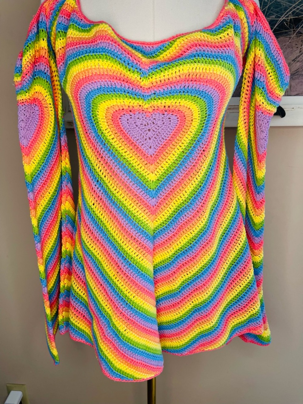 Club Exx DOLLS KILL Neon Rainbow Crochet Heart Dress 🦄 - Picture 2 of 6